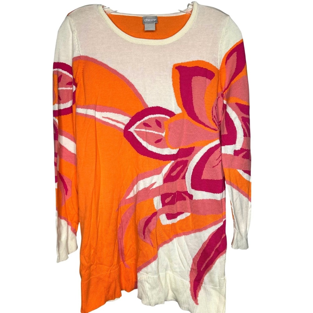 Chico's Orange Pink Floral Print Long Sleeve Sweater Size 0 ( women 4-6)